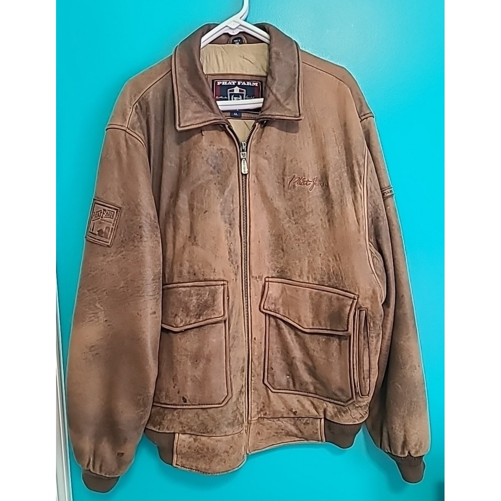 Vintage 90s Y2K Phat Farm mens XL Soft Butter Leather Bomber Jacket  Brown